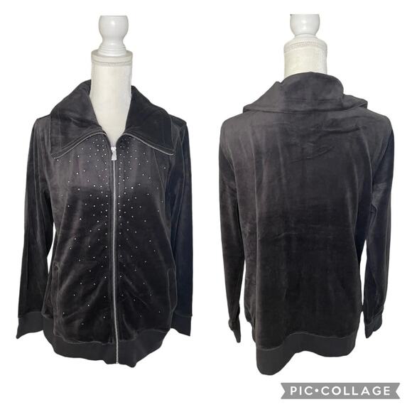 Christopher & Banks Jackets & Blazers - Christopher & Banks Y2K Velour Grey Zip Up Rhinestone Jacket Size Large - NWT